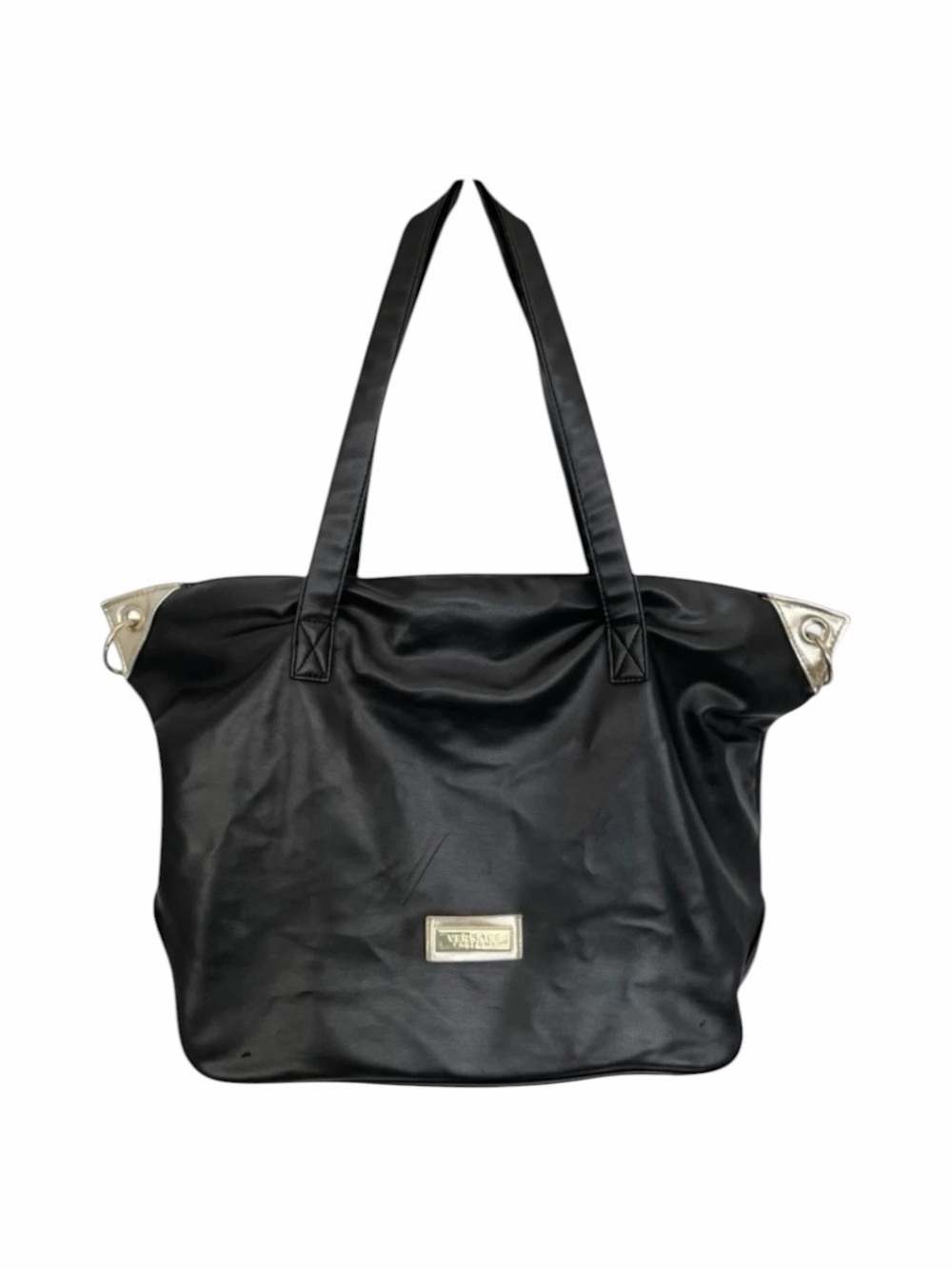 Versace Parfums Black Faux Leather Travel Tote Weekender Bag Gold Accents